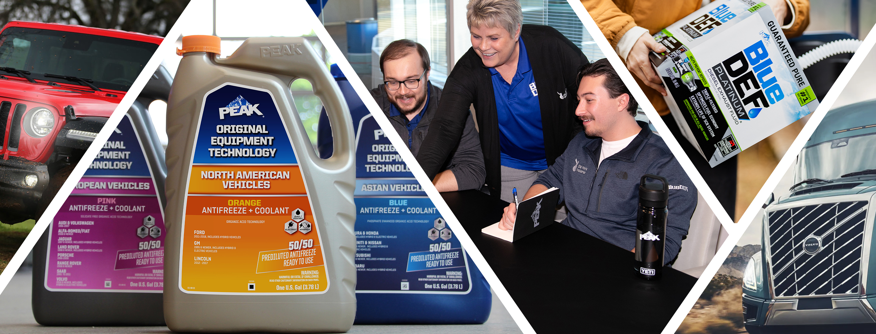 PEAK Antifreeze and Coolant logo next to an assortment of PEAK products like lighting, wiper blades, and BlueDEF, next to the Old World Industries 50th Logo.