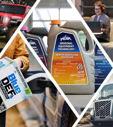 PEAK Antifreeze and Coolant logo next to an assortment of PEAK products like lighting, wiper blades, and BlueDEF, next to the Old World Industries 50th Logo.